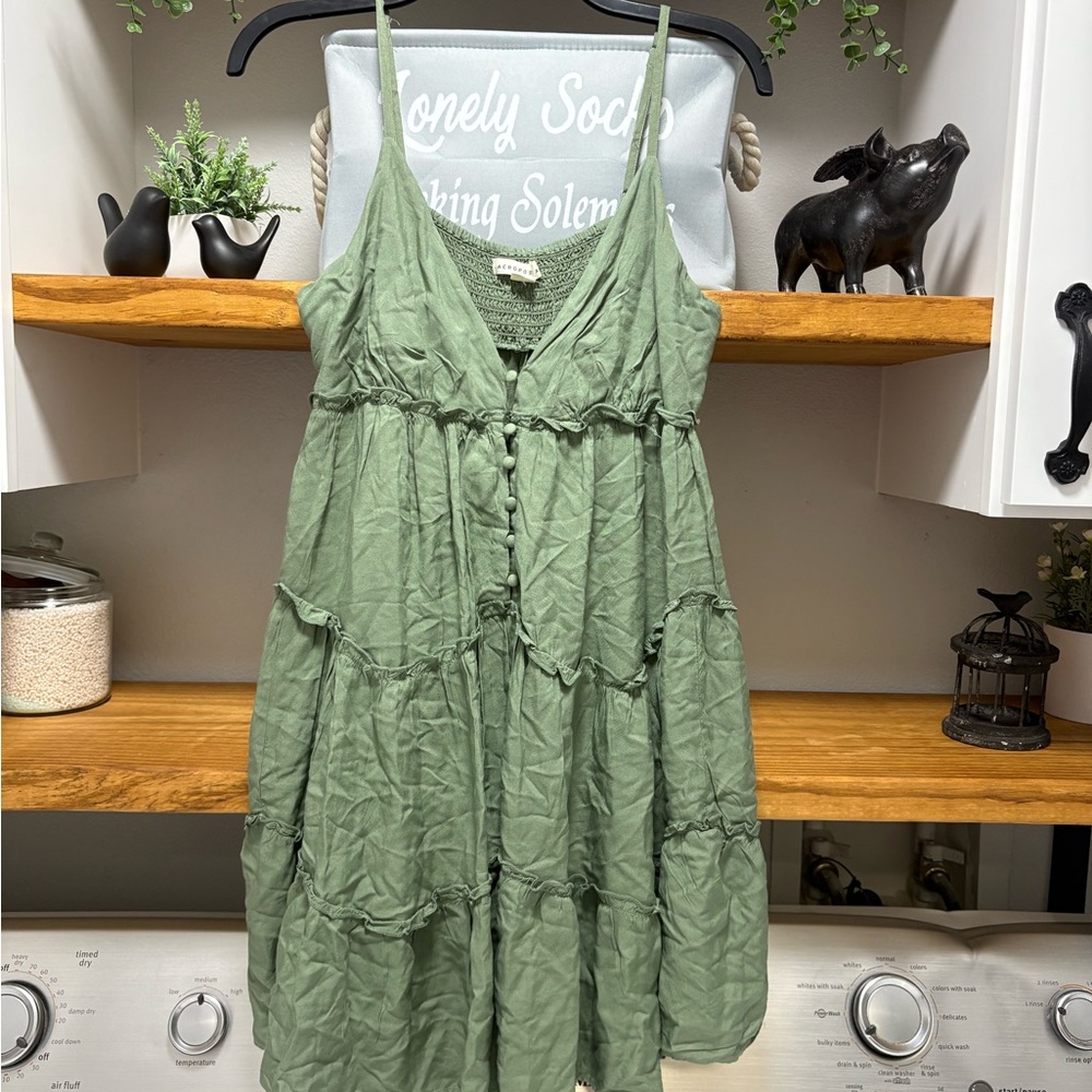 Aeropostle Green Spaghetti Strap via Tiered Dress